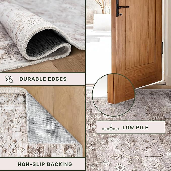 Hazo Haus Beige Washable 2'6"x8' Wide Hallway Runners, Kitchen Runner Rug, Non-Slip & Stain Resistant Long Floor Rug, Neutral Boho Floral Decor (2'6"x8' Beige/Latte)
