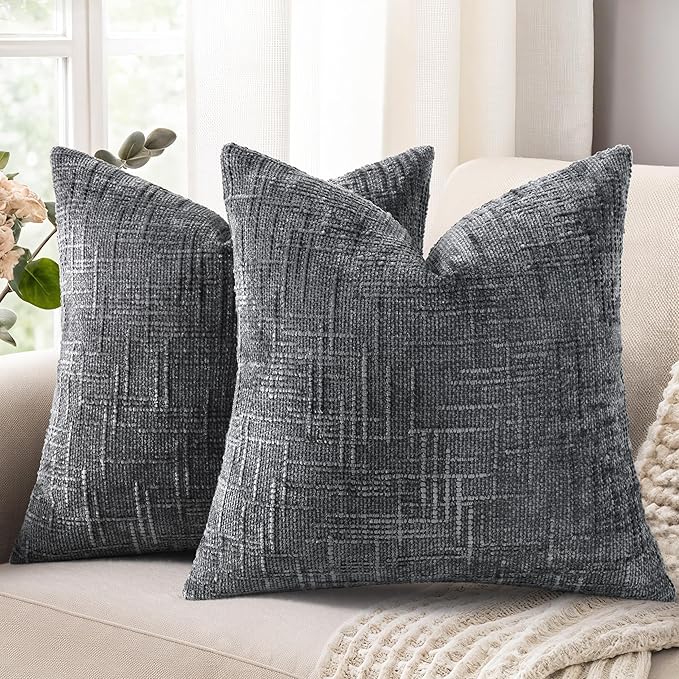 decorUhome Dark Grey Chenille Euro Sham Throw Pillow Covers 26x26 Set of 2 Textured Soft Cozy Slubby Couch Pillow Covers Modern Farmhouse Boho Decorative Pillow Cases for Bed Sofa Living Room
