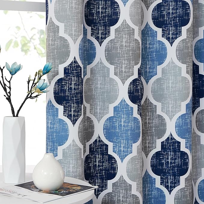 Beauoop Lattice Blackout Window Valance Curtain Panels Thermal Insulated Noise Reduction Drapes for Kitchen Cafe Living Room Quatrefoil Window Treatment Sets Rod Pocket, 50W x 18L, Blue/Gray, 1 Panel