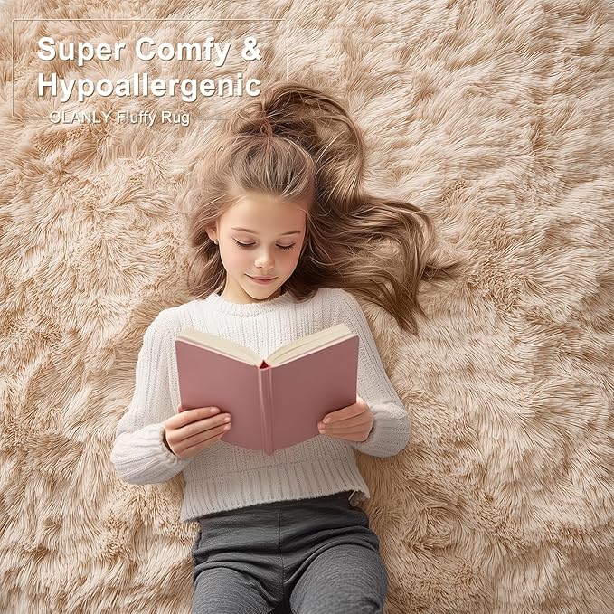 OLANLY 5x12 Machine Washable Large Area Rugs for Living Room, Bedroom, Soft Fluffy Shaggy Bedside Rug, Indoor Floor Carpet for Kids Girls and Boys, Dorms, Nursery, Home Decor Aesthetic, Beige