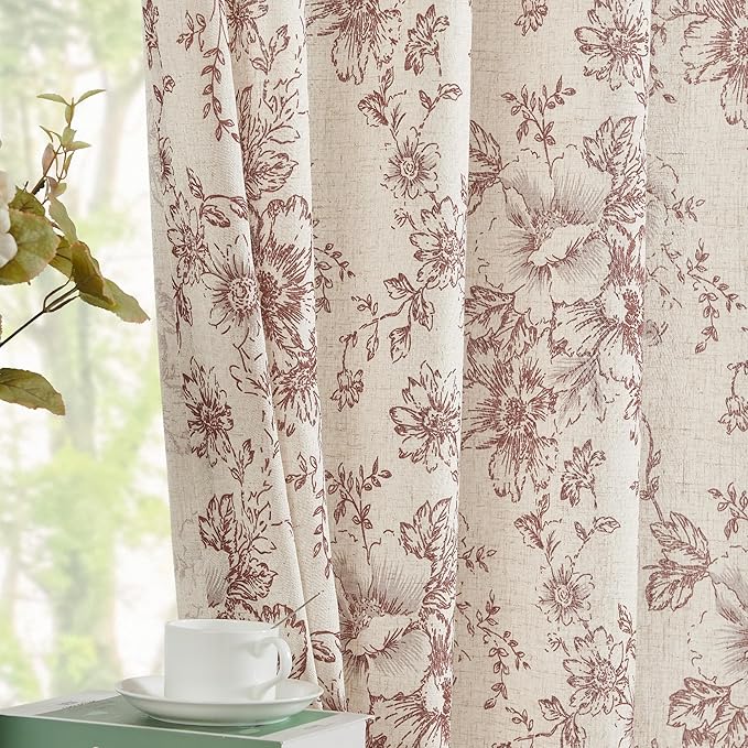 jinchan Linen Blend Curtain Floral Curtains for Living Room 54 Inch Length Farmhouse Brick Red Printed Curtain Rod Pocket Back Tab Peony Flower Patterned Drapes Curtains Set 2 Panels