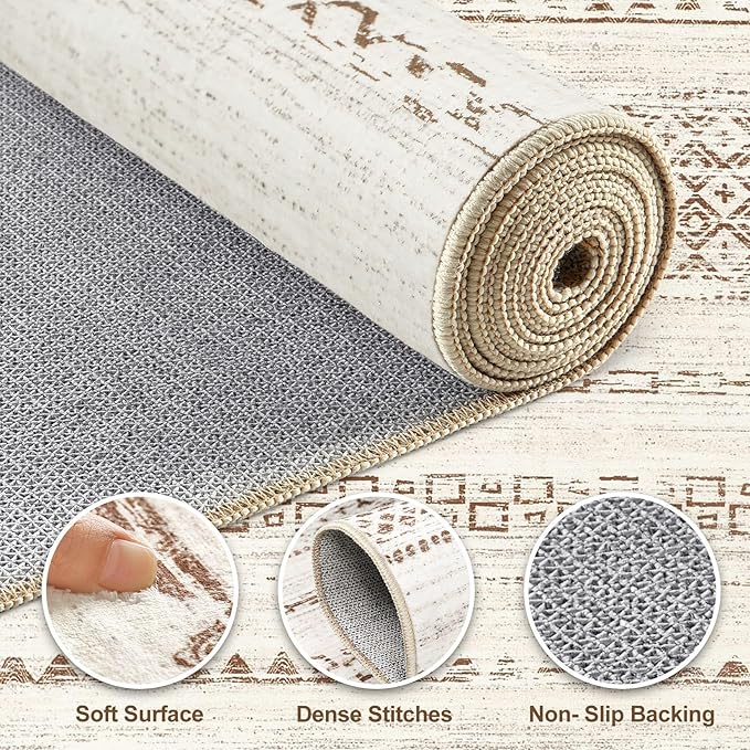 Nakagishi Round Rug Boho Area Rugs: 5x5 Washable Large Circle Neutral Soft Stain Resistant Non-Slip Carpet for Women Aged 25-45 Farmhouse Decor Enthusiasts - Living Room Bedroom Dining Room Nursery