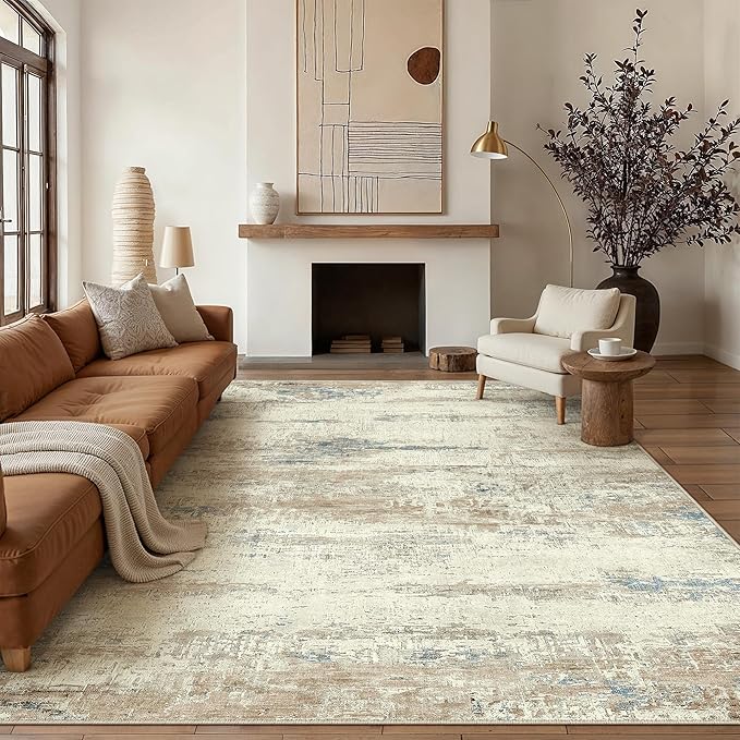 PureCozy 5x7 Area Rug Washable Beige Brown Abstract Living Room Carpet Non Slip Modern Neutral Soft Low Pile Contemporary Aesthetic Bedroom Indoor Rug for Office Laundry Dining Room Kitchen