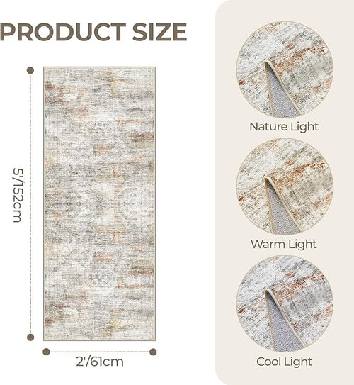 2x5 Rug Runner Washable for Entryway, Soft Bathroom Rugs with Non-Slip Backing, Abstract Low Pile Hallway Runner, Vintage Small Kitchen Carpet for Stair, Laundry Room(2'x5', Grey/Rust)