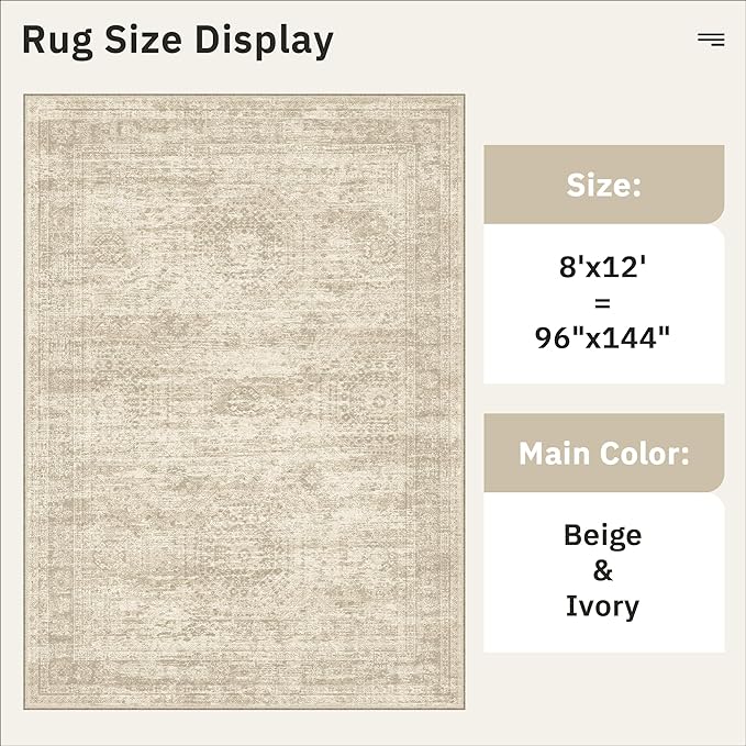 Washable Area Rug 8x12, Large Soft Rugs for Living Room Vintage Beige Carpet 8x12 Area Rugs for Bedroom Dining Room Non-Slip Stain Resistant Under Table Rug