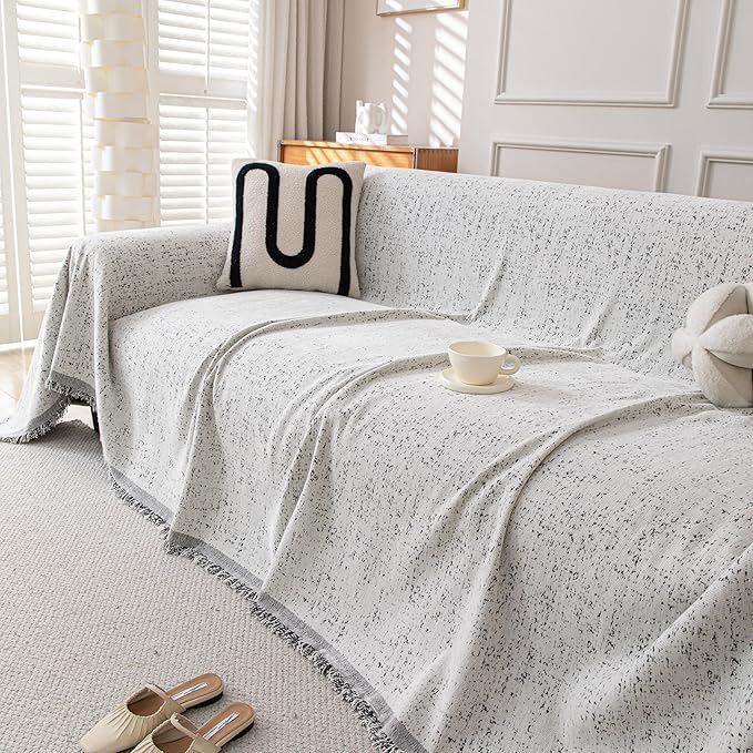 Couch Cover for Dogs, Boho Sofa Covers for 3 Cushion Couch, Chenille Slipcover for Pets Washable, L-Shape Sectional Couch Loveseat Cover Soft Throw Blankets with Tassels(91x118,Speckled Grey)
