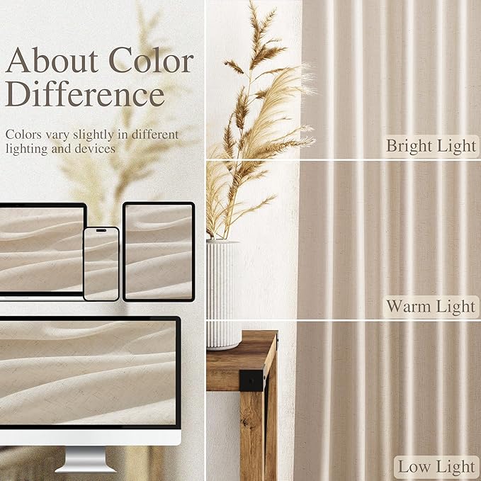 Cream Beige Linen Curtains for Living Room 126 Inches Long Light Filtering Semi Sheer Curtain Back Tab Modern Farmhouse Decor Elegant Drapes Floor to Ceiling High Window for Bedroom 52x126, 2 Panels