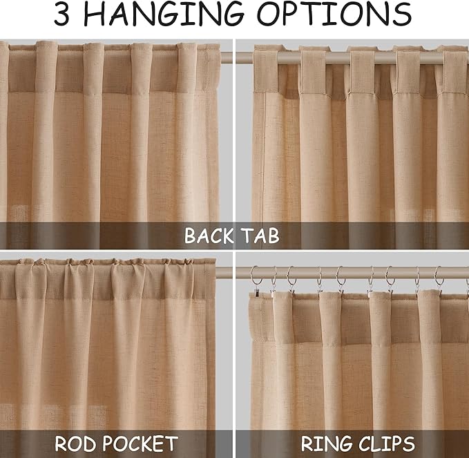 Nanspring Camel Linen Curtains 80 Inches Long for Bedroom Back Tab Light Filtering Privacy Semi Sheer Curtain Modern Farmhouse Decor Camel Linen Elegant Drapes for Living Room 2 Panels Set 52x80