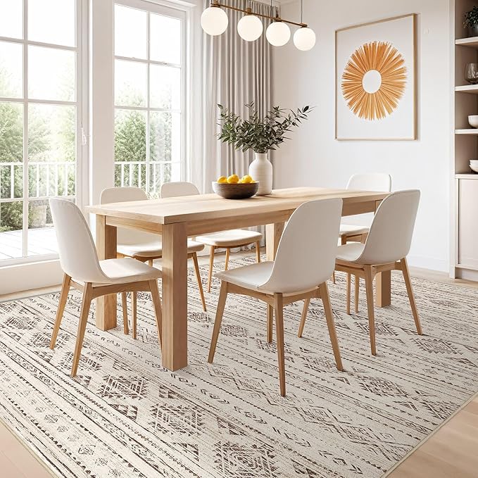 Nakagishi 7x9 Area Rug Living Room: Washable Boho Large Neutral Soft Farmhouse Modern Rugs Stain Resistant Moroccan Non-Slip Indoor Carpet for Bedroom Nursery Kids Office Dining Room- Dark Brown