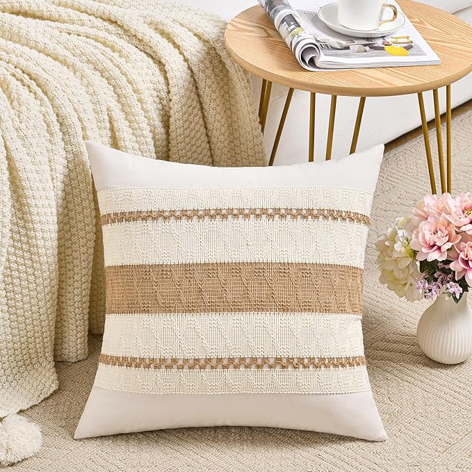 Fancy Homi Set of 1 Boho Neutral Decorative Throw Pillow Cover 16x16 Inch for Couch Bed Sofa, Aesthetic Modern Organic Farmhouse Home Decor, Soft Cotton Cute Accent Macrame Woven Tan Cushion Case