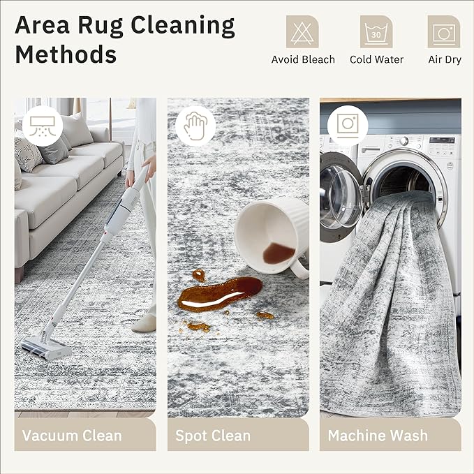 Area Rugs 4x6 for Living Room, Vintage Washable Rugs for Dining Room, Kitchen, Non-Slip Area Rug Grey