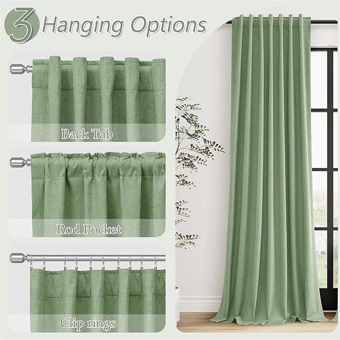 Guken Blackout Curtains 80 Inch Length 2 Panels Set for Living Room Bedroom Back Tab Thermal Insulated 100% Black Out Linen Drapes Room Darkening Window Curtains 80 Inches Long,Light Sage