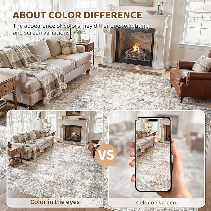 7x9 Area Rug Living Room Rugs - Washable Neutral Modern Abstract Soft Thin Large Rug Indoor Floor No Slip Rug Carpet for Bedroom Under Dining Table Home Office Decor - Brown Grey