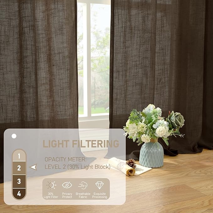 LAMIT 36 Inch Length Linen Curtains for Small Windows, Semi Sheer Light Filtering Panels Back Tab and Rod Pocket Neutral Drapes for Basement/Window/Loft Room, Dark Brown, 2 Panels, 34 x 36 Inch