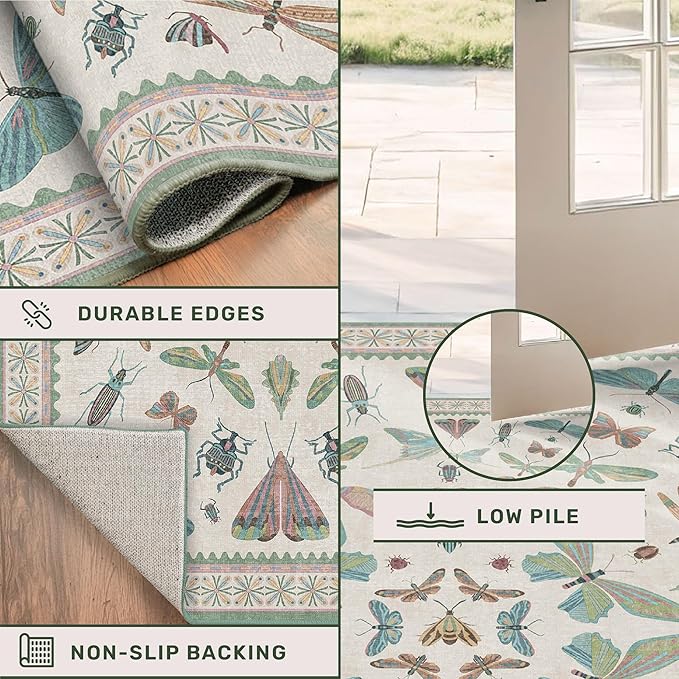 Hazo Haus Boho Bathroom Runners - 2x6 Blue and Green Rug for Kitchen, Entry Way, Non Slip Washable Butterfly Insect Print Home Decor