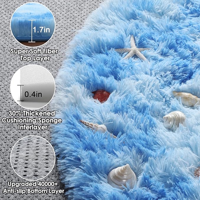 ONASAR Round Rugs 6ft for Living Room Bedroom, Tie-Dye Blue Fluffy Circle Area Rug for Kids Girls Boys Teen, Soft Plush Shaggy Carpet for Nursery Dorm Classroom Playroom Home Decor Aesthetic