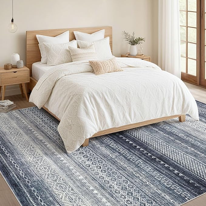 Nakagishi Area Rug Living Room Rugs: 7x10 Machine Washable Boho Large Neutral Farmhouse Stain Resistant Moroccan Indoor Floor Carpet for Bedroom Nursery Dorm Classroom Dining Room Home-Blue
