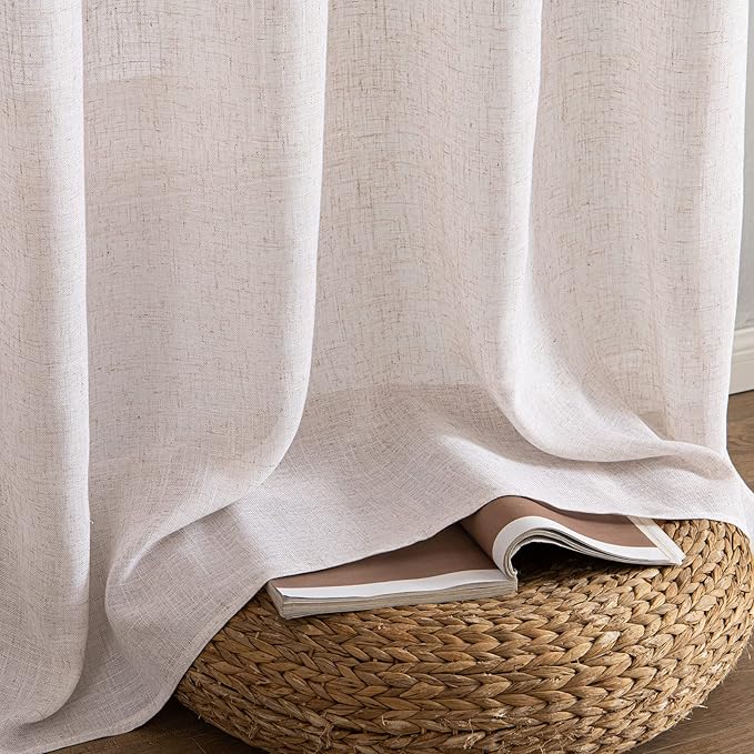 MIULEE Natural White Linen Curtains 105 Inch Length 2 Panels for Bedroom Living Room, Soft Thick Linen Textured Window Drapes Semi Sheer Light Filtering Back Tab Rod Pocket Burlap Look Decor