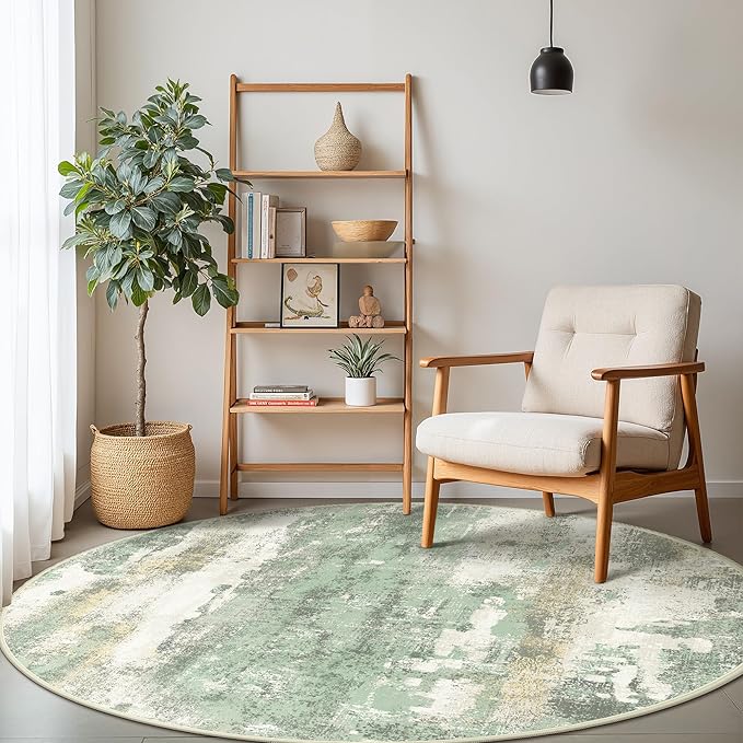 Round Rugs 5FT for Living Room Bedroom, Modern Abstract Machine Washable Circle Rug, Soft Low Pile Floor Cover with Non Slip Backing for Dining Room, Light Green
