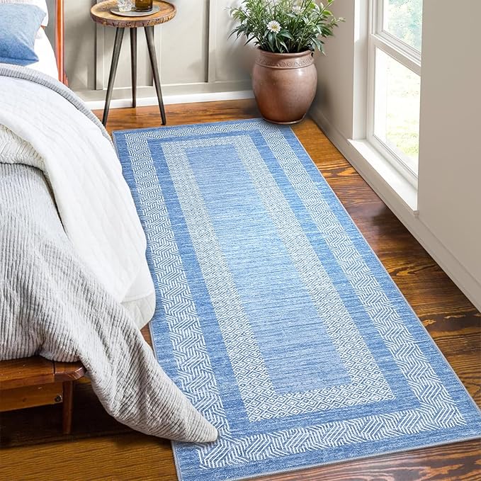 GarveeHome 2.5x8 Modern Bordered Runner Rug Soft Non Slip Washable Floor Carpet Distressed Geometric Hallway Indoor Printed Rug for Kitchen Entrance, Light Blue