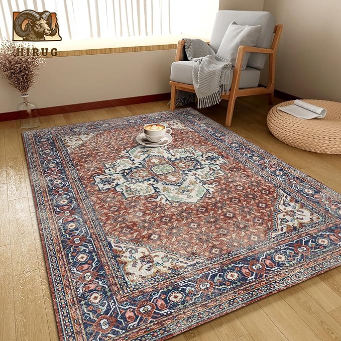 Washable Area Rug 9' x 12' Vintage Traditional Persian Mat - Foldable Distressed Non-Slip Machine Washable Carpet for Living Room Bedroom Kitchen Home Decor - Terracotta and Navy