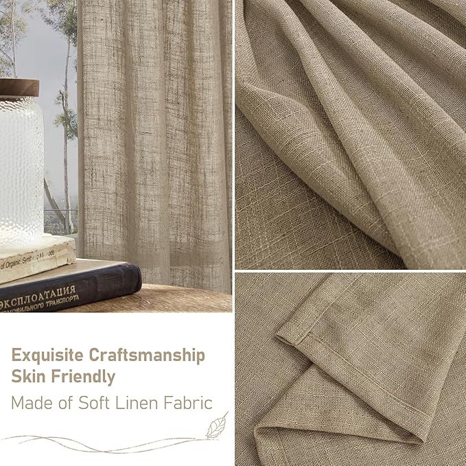 LAMIT Sheer Linen Curtains 63 Inch for Bedroom, Light Filtering Country Decor Semi Sheer Farmhouse Boho Curtains Back Tab and Rod Pocket Living Room Panels, Taupe, 2 Panels, 52 x 63 Inch