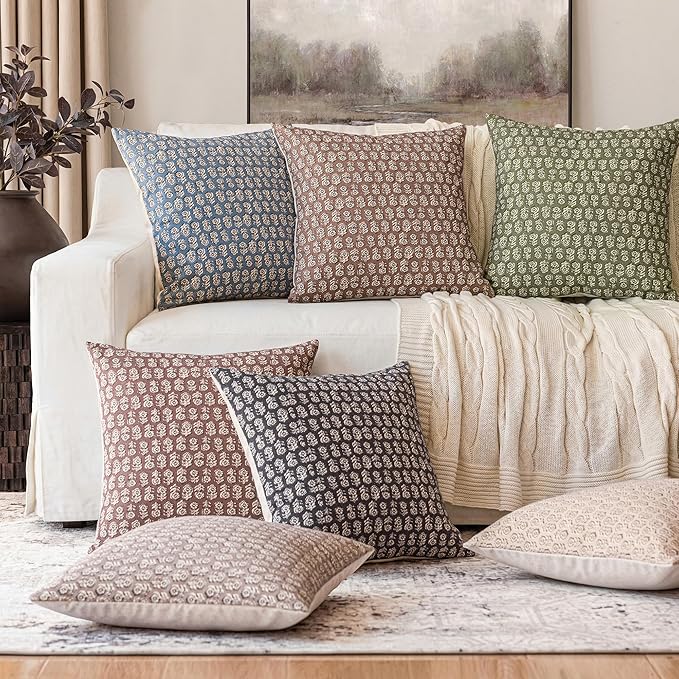 Foindtower Set of 2 Decorative Vintage Floral Print Throw Pillow Covers Neutral Modern Farmhouse Cushion Covers Boho Home Decor for Sofa Chair Couch Bedroom Living Room,18×18 Inch,Wine Red