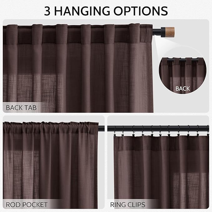 Coffee Brown Linen 112 Inch Curtains for Living Room Light Filtering Semi Sheer Curtain Back Tab Modern Rustic Home Decor Neutral Drapes Floor to Ceiling High Window for Bedroom 52x112, 2 Panels