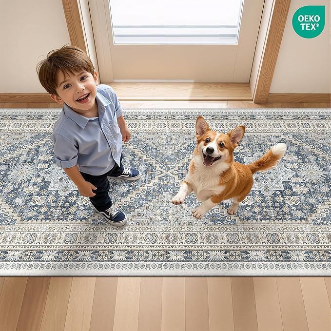 3x8 Runner Rug Non Slip Washable for Entryway, Front Porch, Vintage Hallway Runner for Laundry Room, Bedroom, Stain Resistant Thin Indoor Kitchen Mats for Floor(Blue/Beige,3'x8')