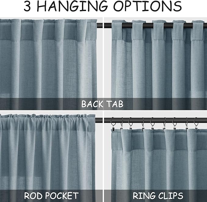 Nanspring Light Blue Linen Curtains 80 Inches Long 2 Panels Set for Living Room Bedroom Rod Pocket Back Tab Light Filtering Drape for Protect Privacy Curtain Modern Farmhouse Decor 52x80
