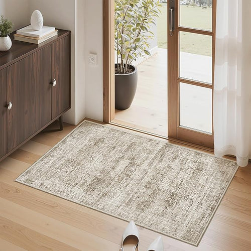 2x3 Washable Rugs for Kitchen, Floor, Entryway, Powder Room Small Area Rug Non-Slip Vintage Low Pile Throw Door Mat Brown