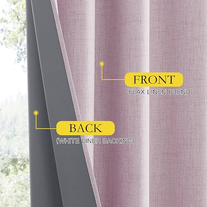 NICETOWN Pink Vintage Linen 100% Blackout Curtains for Living Room, Thermal Insulated Curtains 90" Long, Noise Reducing Window Treatment Drapes for Home Cinema, 52" Wide Per Panel, Set of 2