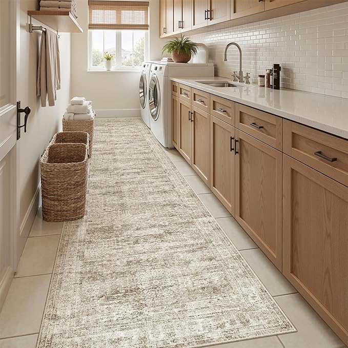 Runner Rug 2'6" x 10' Washable Non-Slip Runner Rugs for Kitchen Bathroom Laundry Room Vintage Ultra Thin Runners for Hallway Entryway Brown