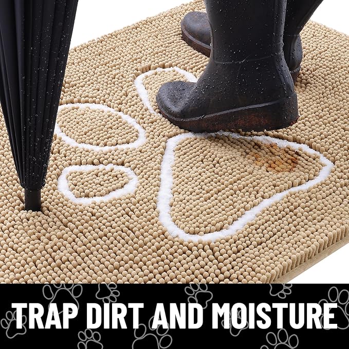 Smiry Dog Door Mat for Muddy Paws, Absorbent Dirt Trapper Non Slip Quick Dry Washable Chenille Mat for Mud Dogs, Entry Rug for Indoor and Outdoor (59x35 Inches, Beige and White)