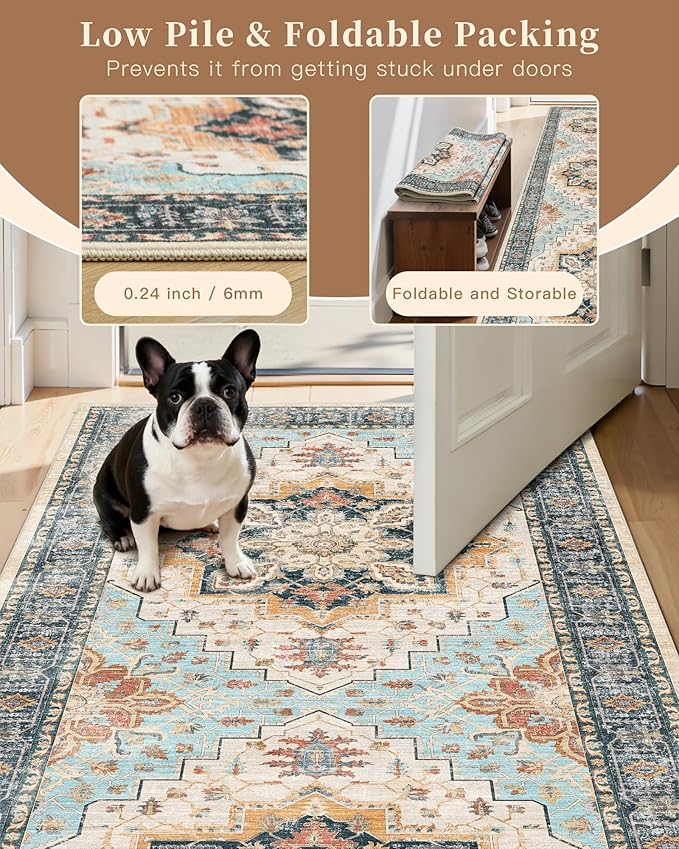 Madane Washable Runner Rug - 2x6 Rug Runners for Hallways 6 Foot Non Slip Vintage Kitchen Runner Rug Ultra-Thin Bathroom Runner Rugs Carpet Laundry Room Bedroom (2x6ft, Orange/Blue)