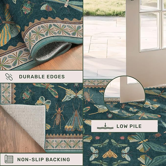 Vintage Teal Area Rugs for Living Room 6x8 - Floral & Butterfly Pattern Dining Rug, Low Pile Soft Bedroom Carpet, Washable Non Skid Rubber Backed, Forest Funky Home Décor