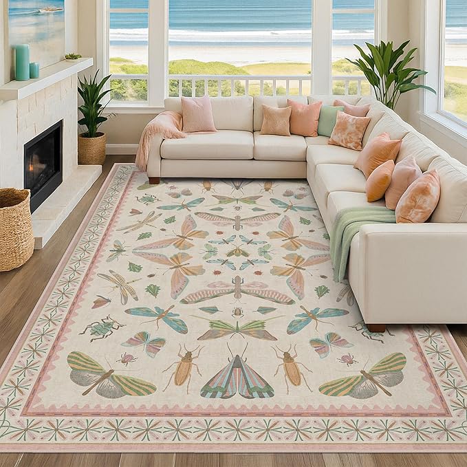Hazo Haus 7x9 Cute Insect Rugs for Girls Bedroom - Pink and Blue Washable Floral Living Room Rugs, Dining Room Under Table, Insect Print Whimsical Indoor Décor, Low Pile & Soft