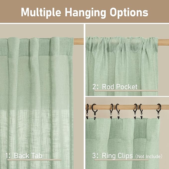 LAMIT Fresh Green 72 inch Linen Curtains for Living Room 2 Panels, Linen Textured Light Filtering Semi Sheer Back Tab and Rod Pocket Farmhouse Curtain Panels for Bedroom/Farmhouse, 52 x 72 Inch