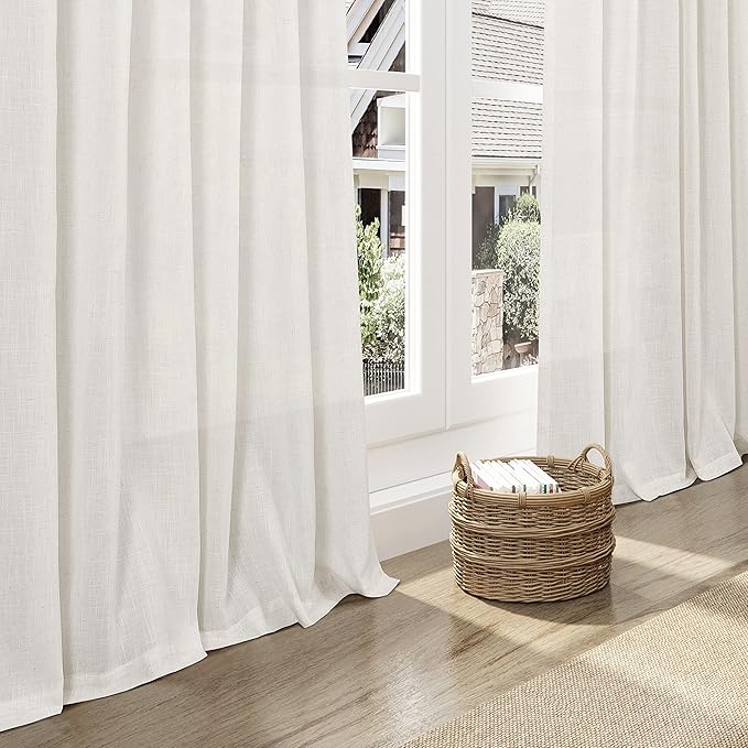 Linen Cream Curtains 113 Inch Extra Long for Living Room Back Tab Light Filtering Semi Sheer Drapes Modern Farmhouse Coastal Decor Cotton Textured Curtain for Floor to Ceiling Window 52x113