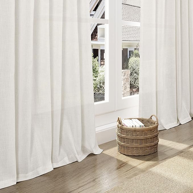2 Panels Set Cream Linen Curtains 100 inches Long for Living Room Extra Long Back Tab Curtains Neutral Farmhouse Light Filtering Semi Sheer Linen Drapes Ceiling to Floor for Large Window Ivory