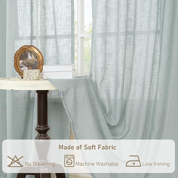 LAMIT Light Filtering Linen Curtains 68 inches Long for Bedroom, Faux Linen Textured Semi Sheer Back Tab and Rod Pocket Modern Drapes for Living Room/Farmhouse, Greyish Blue, 2 Panels, 52 x 68 Inch