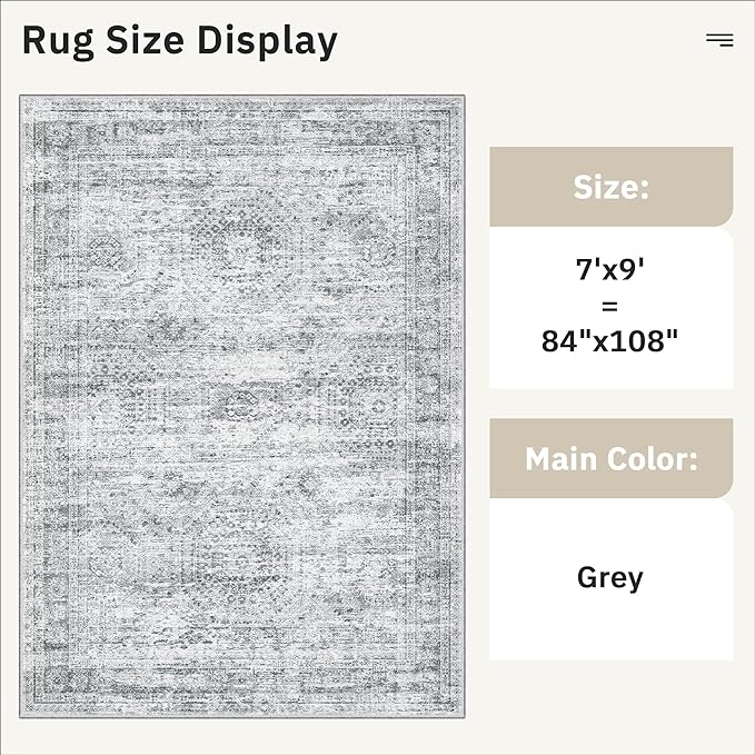 7x9 Area Rug for Living Room Washable Abstract Vintage Soft Thin Indoor Floor Non-Slip Carpet for Bedroom Dining Room Grey