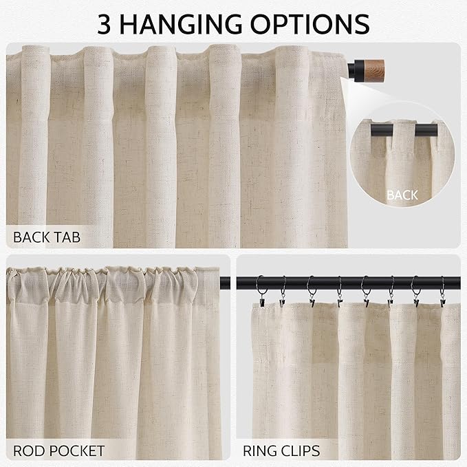 Cream Beige Linen 144 Inch Curtains for Living Room Light Filtering Semi Sheer Curtain Back Tab Modern Farmhouse Decor Elegant Coastal Drapes Floor to Ceiling High Window for Bedroom 52x144, 2 Panels