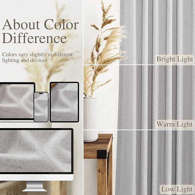 Grey Linen Curtains 108 Inches Long 2 Panels Set for Living Room Extra Long Back Tab Curtains Neutral Farmhouse Light Filtering Semi Sheer Linen Drapes Ceiling to Floor for Large Window 9 FT
