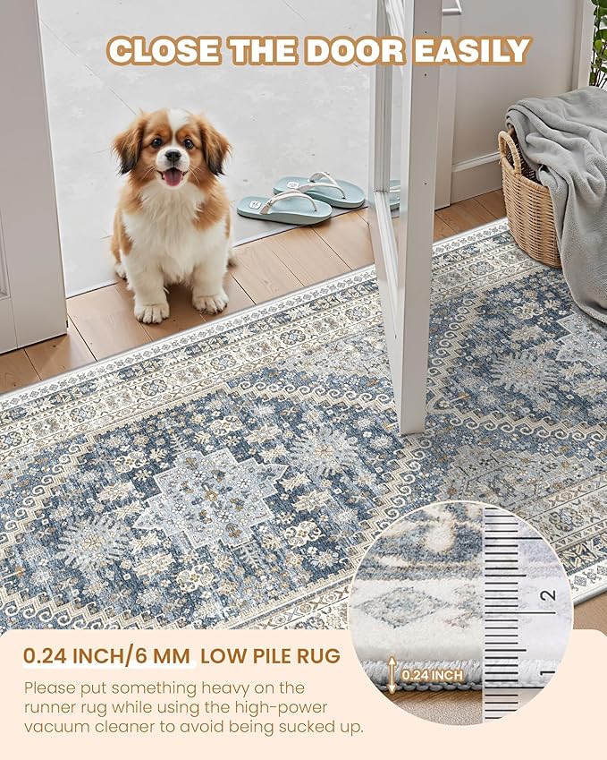 Runner Rug 2x10, Ultra-Thin Kitchen Rugs Non Slip Washable Rugs for Entryway Rug, Kitchen Runner Low Pile Vintage Soft Carpets for Living Room, Bathroom Bedroom (Blue/Beige,2'x10')