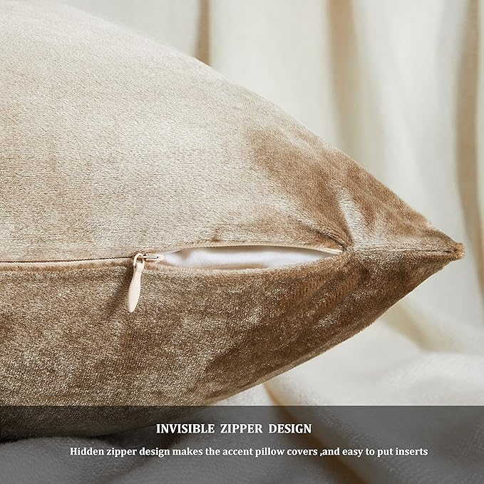 GIGIZAZA Decorative Throw Pillow Covers 18x18,Set of 2 Taupe Square Couch Pillow Covers,Velvet Sofa Boho Cushion Pillows
