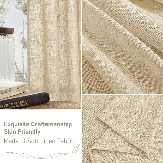 LAMIT Semi Sheer Linen Curtains 45 Inches Long 2 Panels, Light Filtering Panels Back Tab and Rod Pocket Neutral Drapes for Kitchen/Window/Bedroom, 52 x 45 Inch