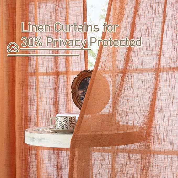 LAMIT Burnt Orange 78 inch Linen Curtains for Living Room 2 Panels, Linen Textured Light Filtering Semi Sheer Back Tab and Rod Pocket Panels for Bedroom/Farmhouse, 52 x 78 Inch