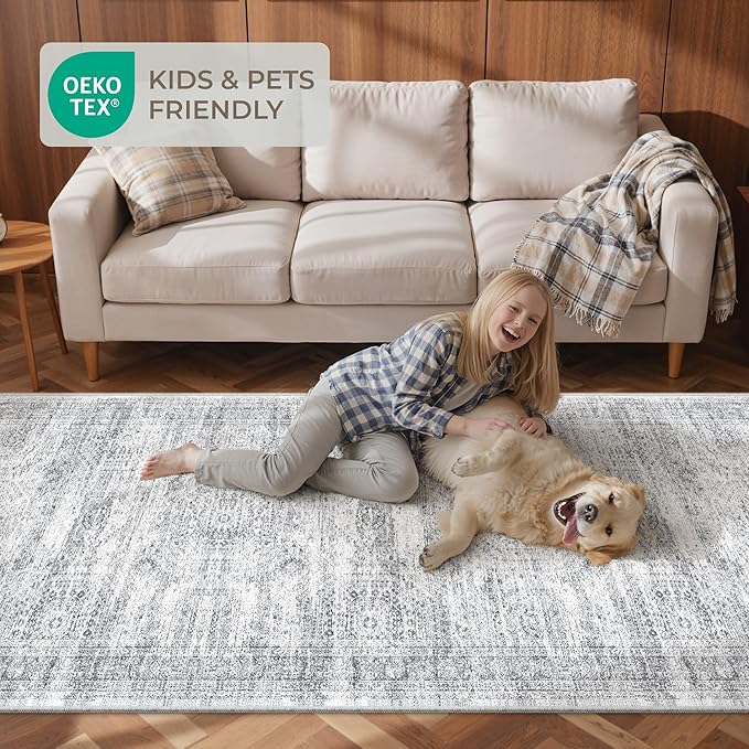 2x3 Washable Rug Runner for Bathroom, Soft Entryway Rug for Laundry Room, Kitchen, Vintage Abstract Hallway Runner for Bedroom, Anti-Slip Door Mat Indoor Entrance(2'x3', Grey/Ivory)