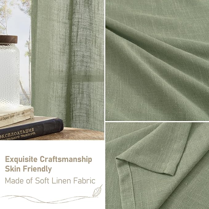 LAMIT Sage Green Linen Boho Curtains 80 inch Length 2 Panels, Light Filtering Semi Sheer Panels Back Tab and Rod Pocket Neutral Drapes for Bedroom/Living Room, 34 x 80 Inch